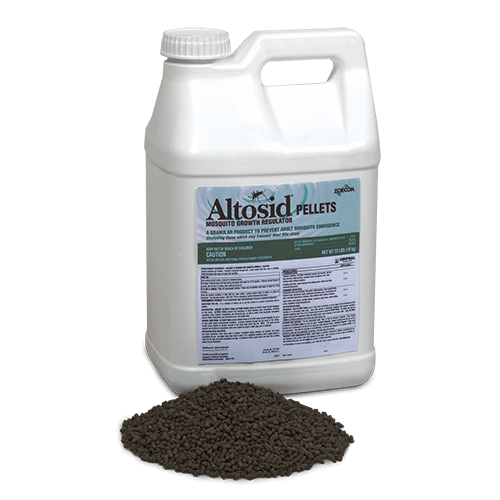 Jug of Altosid Pellets with DR-Tech Larvicide next to a pile of the product pellets