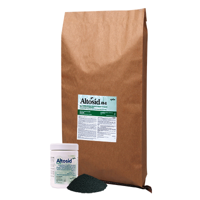 Large brown product bag of Altosid XR-G behind a small round container of Altosid with a pile of the granular product next to it.