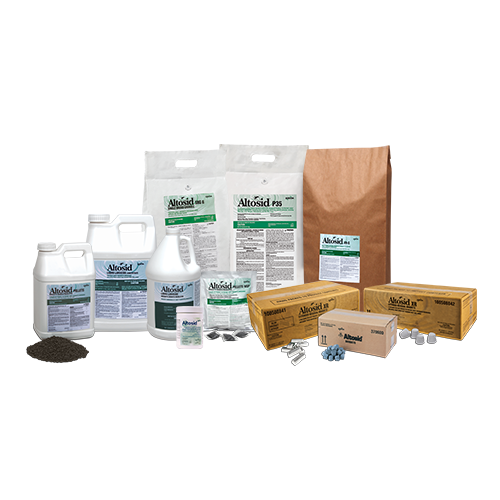 Altosid family of products placed together, showing product packaging. Product jugs, boxes, bags and piles sit next to each other