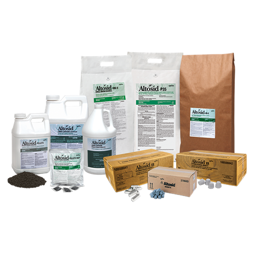 Altosid family of products placed together, showing product packaging. Product jugs, boxes, bags …