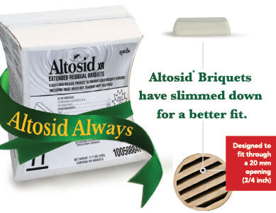 Altosid product box with green ribbon around it that reads "Altosid Always," next to the box is an Altosid Briquet and a drain.