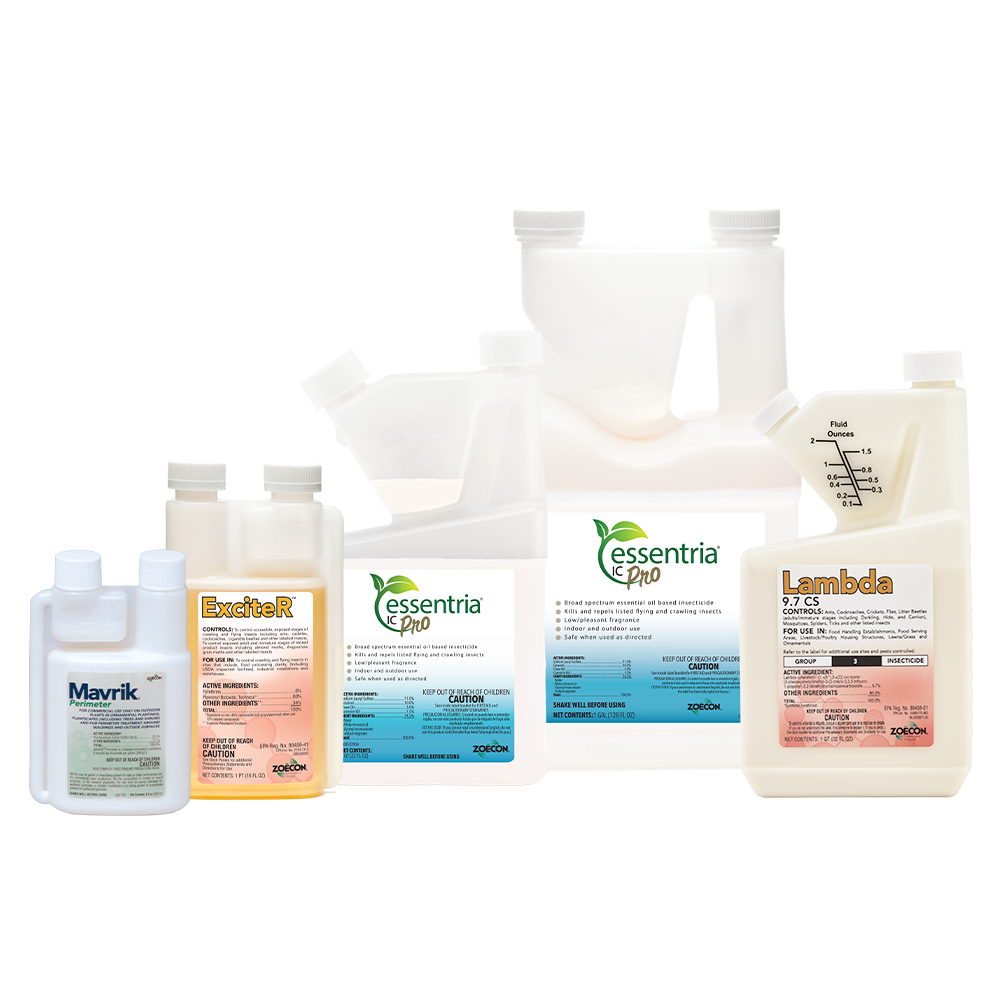 Two small and two larger sized jugs of berrier treatment products lined up in a row next to each other.
