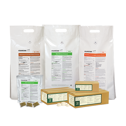 Three FourStar product bags sit behind three FourStar product boxes and one FourStar product pouch.