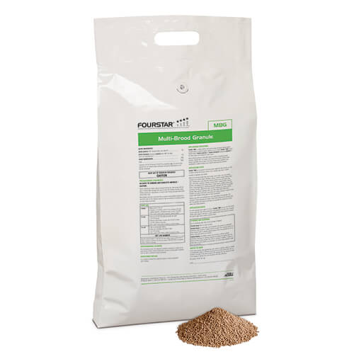 Large white bag of FourStar MBG Larvicide with a pile of the product in front
