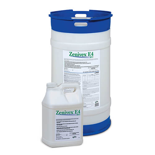 Large circular product drum of Zenivex E4 RTU Adulticide behind a small square product jug of Zenivex E4 RTU Adulticide